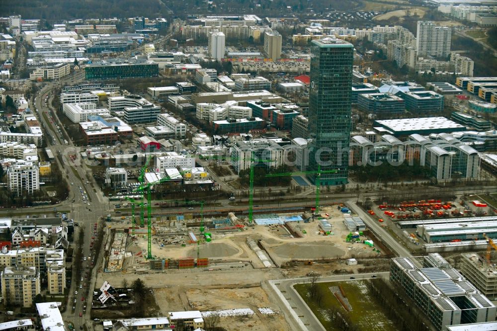 Aerial photograph München - Construction site to build a new office and commercial building Hybrid.M on Georg-Brauchle-Ring - Emmy-Noether-Strasse in the district Moosach in Munich in the state Bavaria, Germany