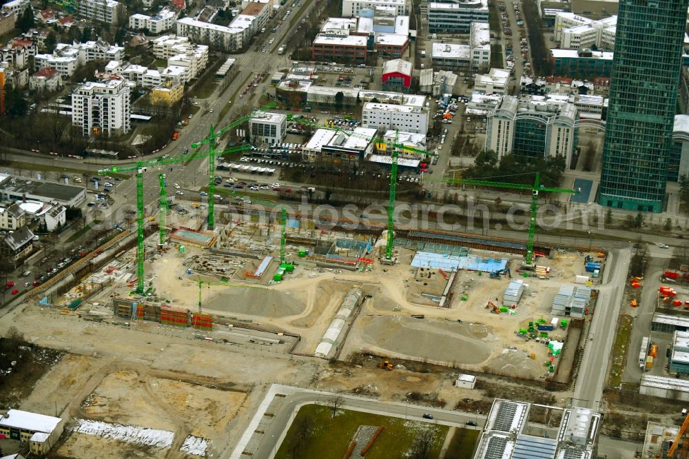 München from above - Construction site to build a new office and commercial building Hybrid.M on Georg-Brauchle-Ring - Emmy-Noether-Strasse in the district Moosach in Munich in the state Bavaria, Germany