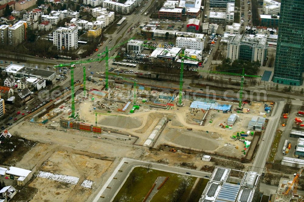 München from the bird's eye view: Construction site to build a new office and commercial building Hybrid.M on Georg-Brauchle-Ring - Emmy-Noether-Strasse in the district Moosach in Munich in the state Bavaria, Germany