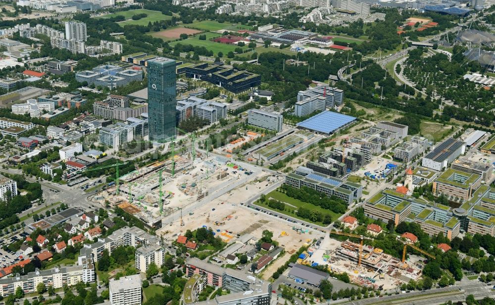 München from above - Construction site to build a new office and commercial building Hybrid.M on Georg-Brauchle-Ring - Emmy-Noether-Strasse in the district Moosach in Munich in the state Bavaria, Germany