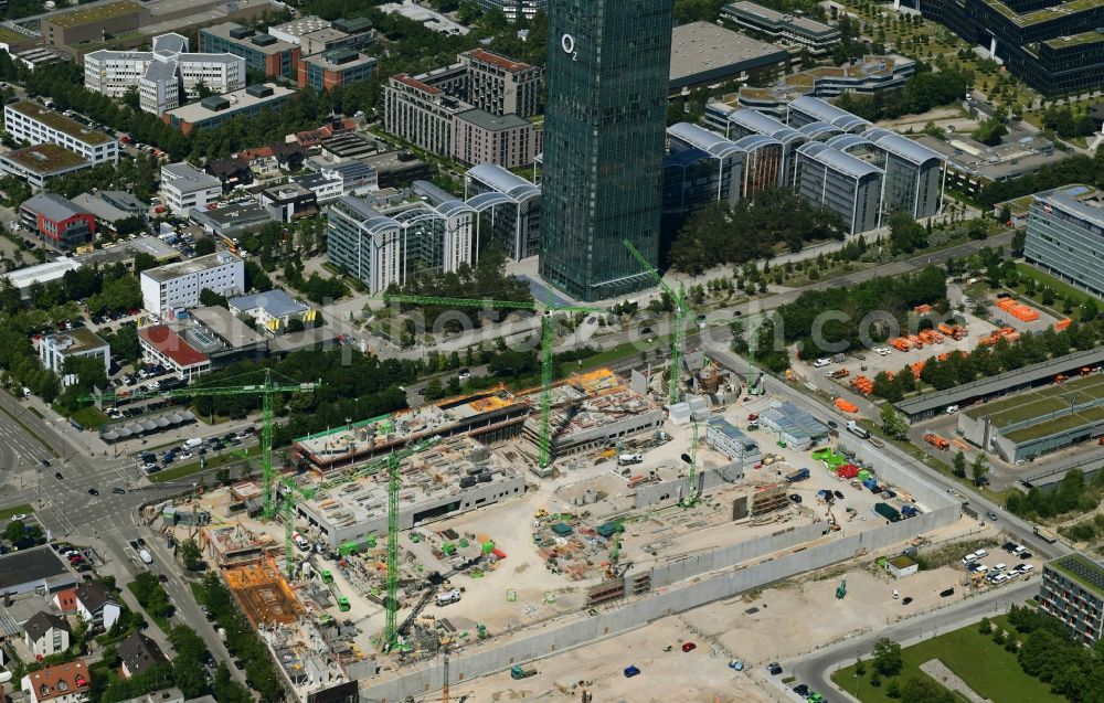 München from the bird's eye view: Construction site to build a new office and commercial building Hybrid.M on Georg-Brauchle-Ring - Emmy-Noether-Strasse in the district Moosach in Munich in the state Bavaria, Germany