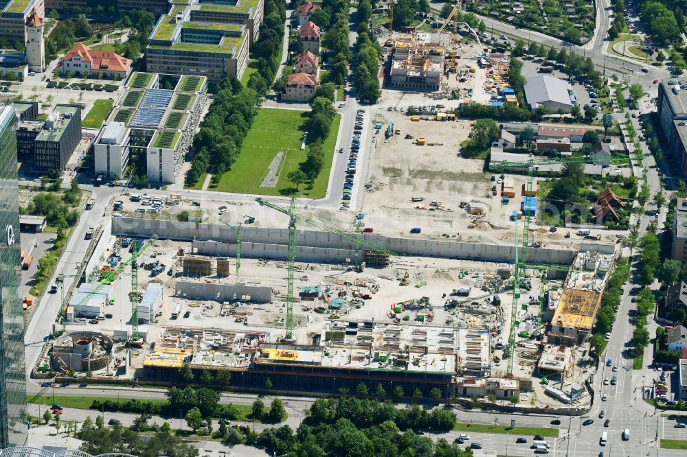 München from the bird's eye view: Construction site to build a new office and commercial building Hybrid.M on Georg-Brauchle-Ring - Emmy-Noether-Strasse in the district Moosach in Munich in the state Bavaria, Germany