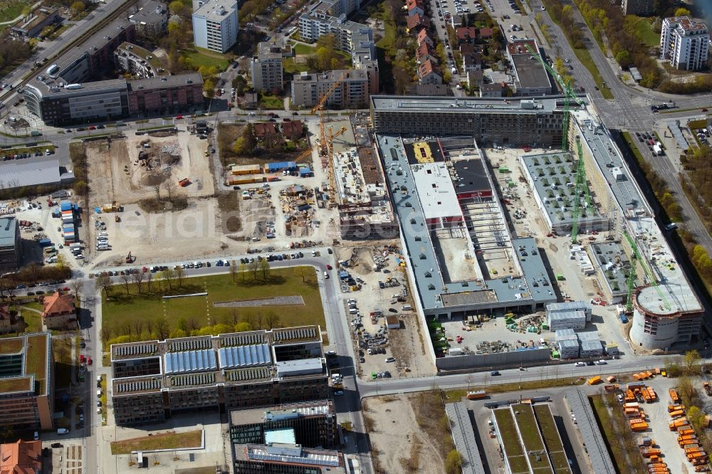 München from above - Construction site to build a new office and commercial building Hybrid.M on Georg-Brauchle-Ring - Emmy-Noether-Strasse in the district Moosach in Munich in the state Bavaria, Germany