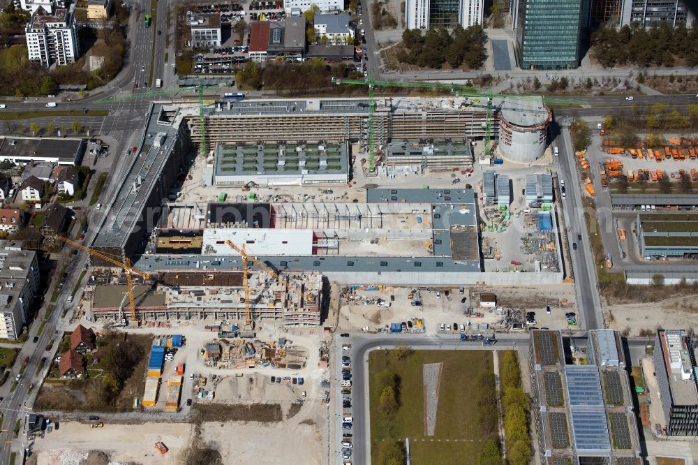 München from above - Construction site to build a new office and commercial building Hybrid.M on Georg-Brauchle-Ring - Emmy-Noether-Strasse in the district Moosach in Munich in the state Bavaria, Germany