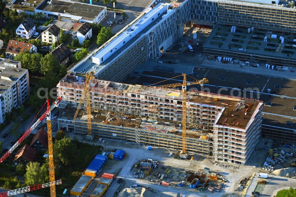 München from above - Construction site to build a new office and commercial building Hybrid.M on Georg-Brauchle-Ring - Emmy-Noether-Strasse in the district Moosach in Munich in the state Bavaria, Germany