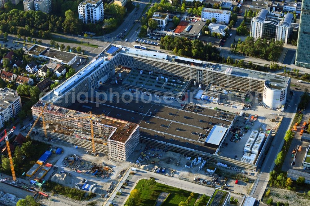 München from the bird's eye view: Construction site to build a new office and commercial building Hybrid.M on Georg-Brauchle-Ring - Emmy-Noether-Strasse in the district Moosach in Munich in the state Bavaria, Germany