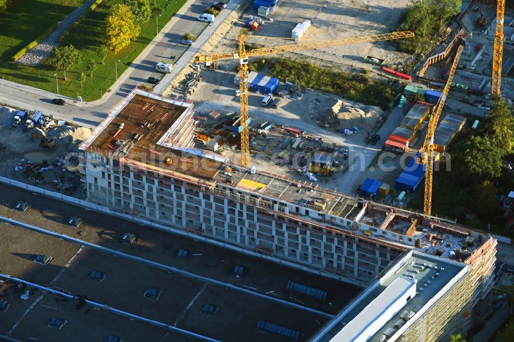 München from above - Construction site to build a new office and commercial building Hybrid.M on Georg-Brauchle-Ring - Emmy-Noether-Strasse in the district Moosach in Munich in the state Bavaria, Germany