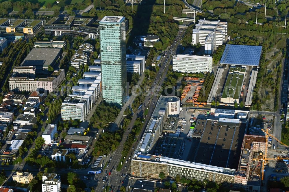 München from above - Construction site to build a new office and commercial building Hybrid.M on Georg-Brauchle-Ring - Emmy-Noether-Strasse in the district Moosach in Munich in the state Bavaria, Germany