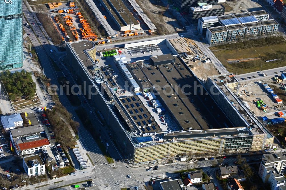 München from above - Construction site to build a new office and commercial building Hybrid.M on Georg-Brauchle-Ring - Emmy-Noether-Strasse in the district Moosach in Munich in the state Bavaria, Germany