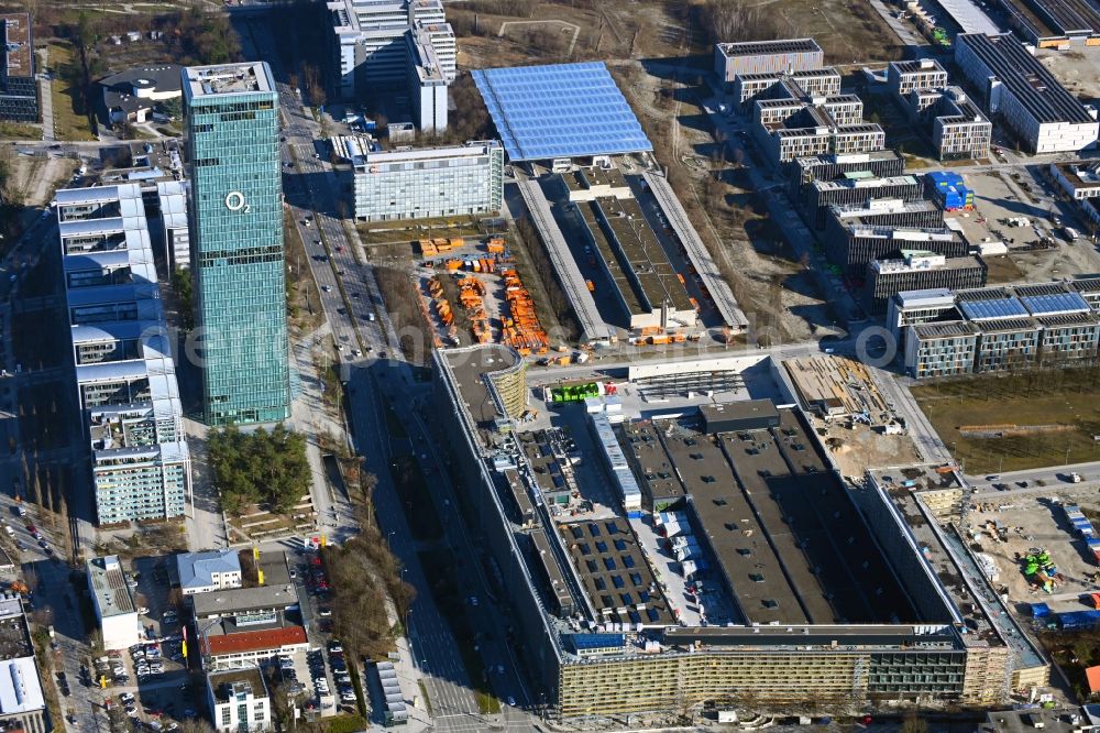 München from the bird's eye view: Construction site to build a new office and commercial building Hybrid.M on Georg-Brauchle-Ring - Emmy-Noether-Strasse in the district Moosach in Munich in the state Bavaria, Germany