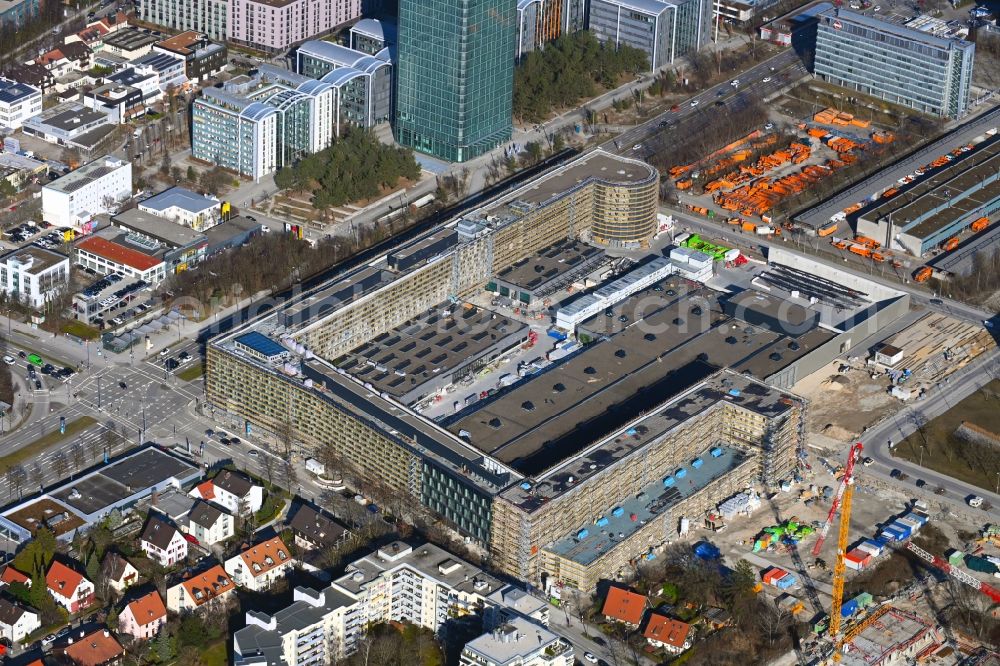 Aerial image München - Construction site to build a new office and commercial building Hybrid.M on Georg-Brauchle-Ring - Emmy-Noether-Strasse in the district Moosach in Munich in the state Bavaria, Germany