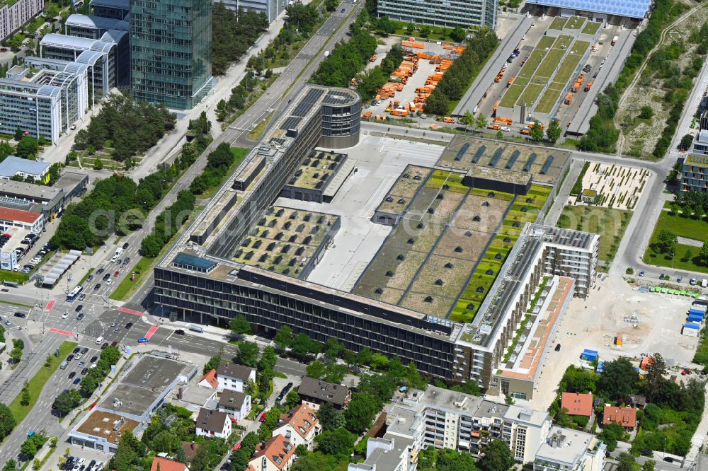 München from above - Construction site to build a new office and commercial building Hybrid.M on Georg-Brauchle-Ring - Emmy-Noether-Strasse in the district Moosach in Munich in the state Bavaria, Germany