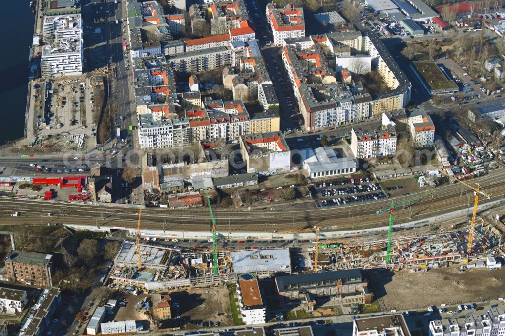 Aerial image Berlin - Construction site to build a new office and commercial building B:HUB on Kynaststrasse - Alt-Stralau in Berlin, Germany