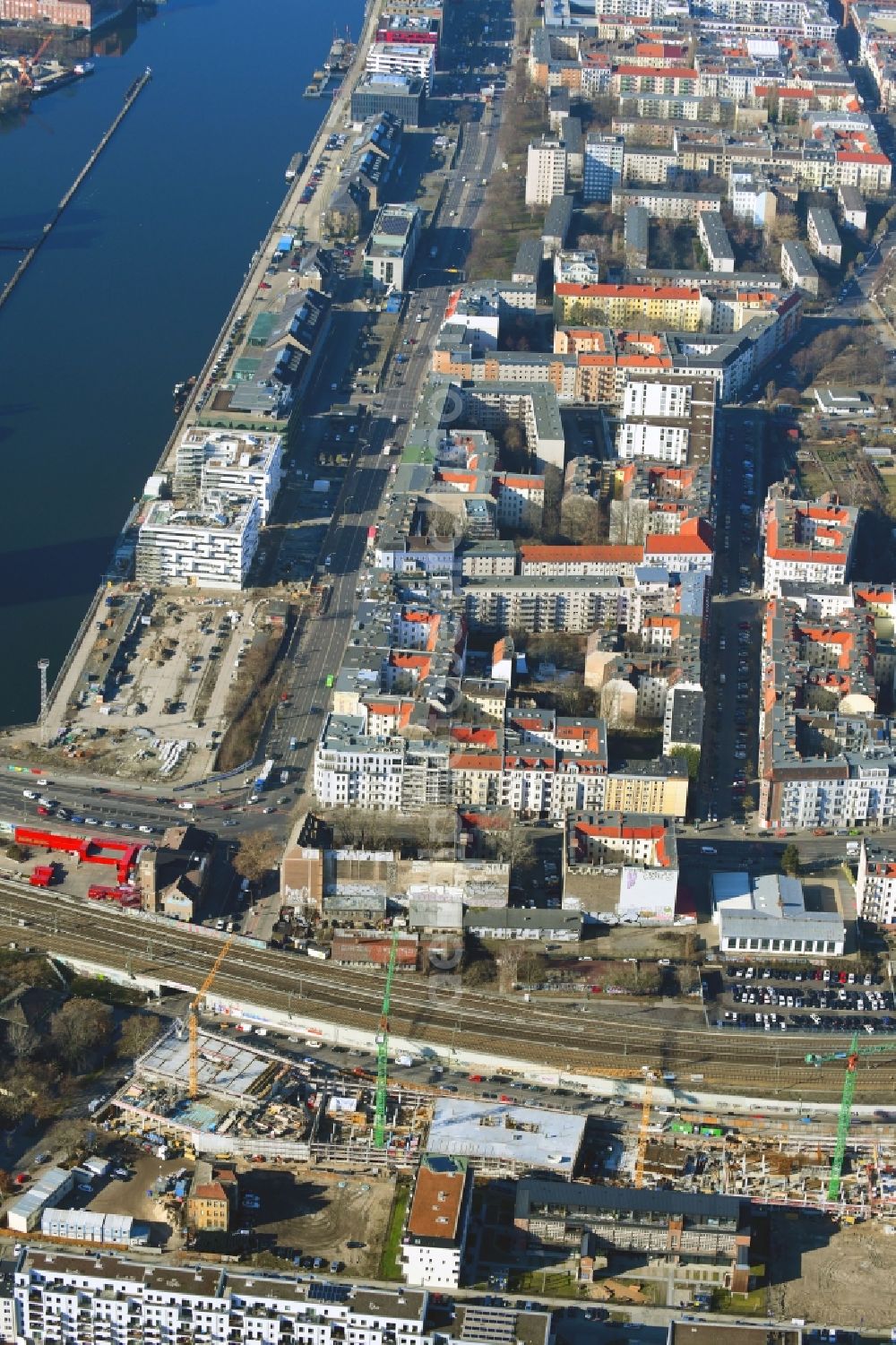 Berlin from above - Construction site to build a new office and commercial building B:HUB on Kynaststrasse - Alt-Stralau in Berlin, Germany