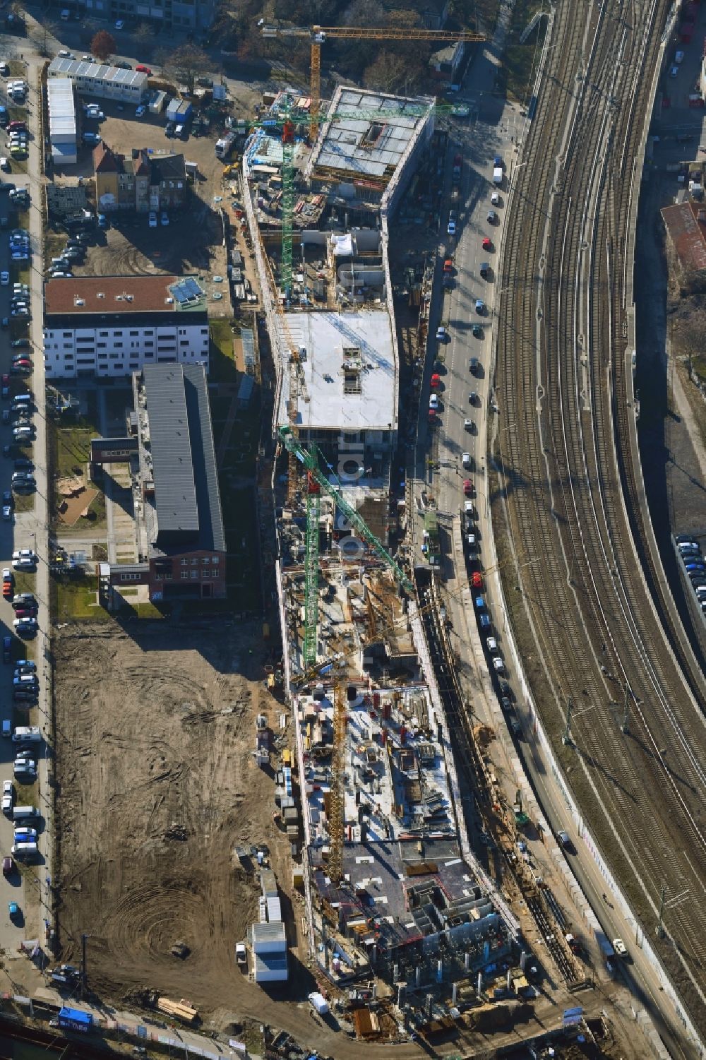 Berlin from above - Construction site to build a new office and commercial building B:HUB on Kynaststrasse - Alt-Stralau in Berlin, Germany