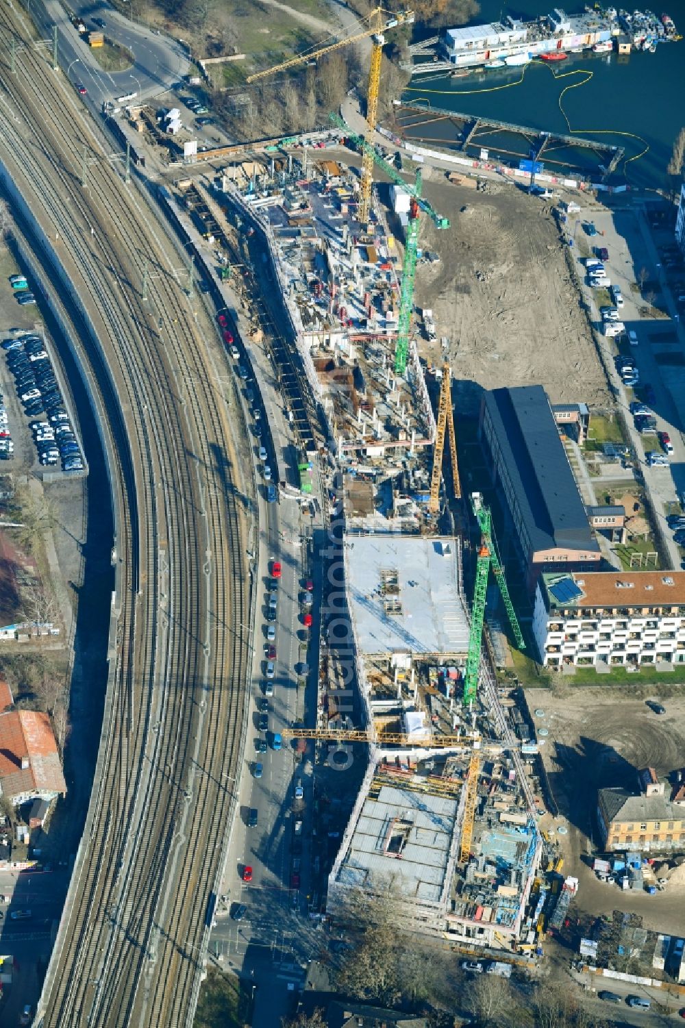 Berlin from above - Construction site to build a new office and commercial building B:HUB on Kynaststrasse - Alt-Stralau in Berlin, Germany