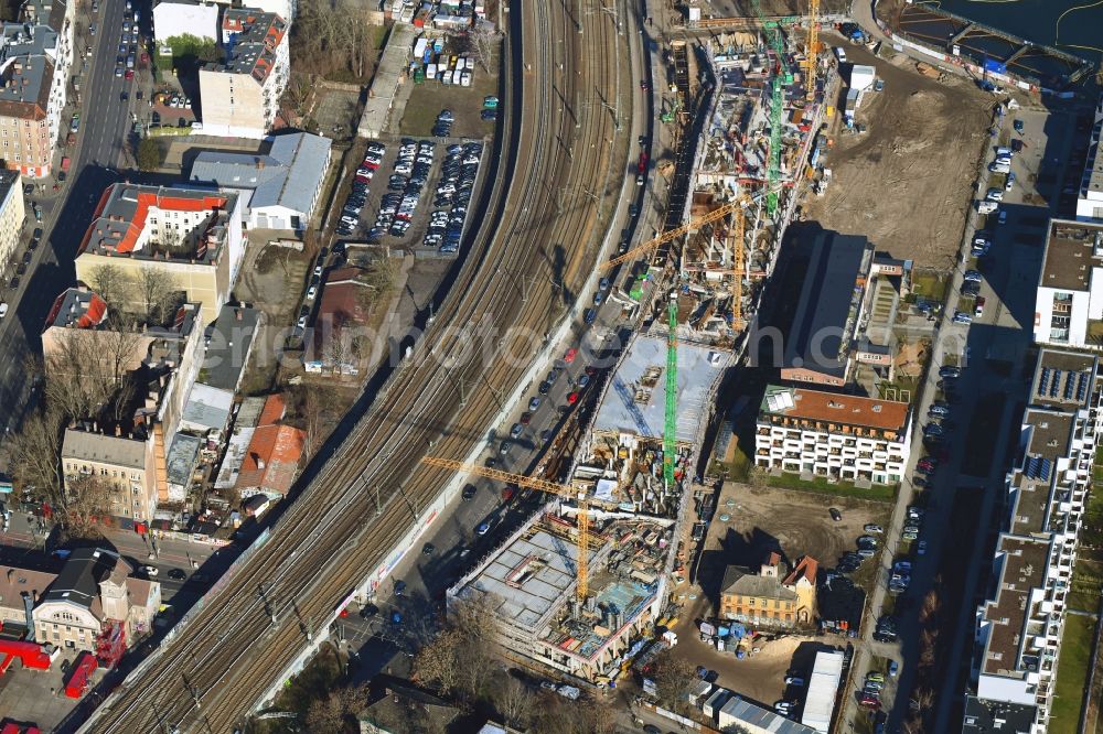 Aerial image Berlin - Construction site to build a new office and commercial building B:HUB on Kynaststrasse - Alt-Stralau in Berlin, Germany