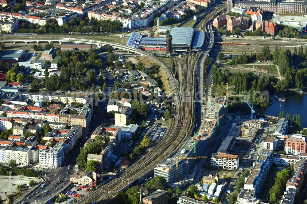 Berlin from above - Construction site to build a new office and commercial building B:HUB on Kynaststrasse - Alt-Stralau in Berlin, Germany