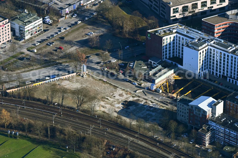 Hamburg from the bird's eye view: Construction site to build a new office and commercial building Borx in Hamburg in Germany