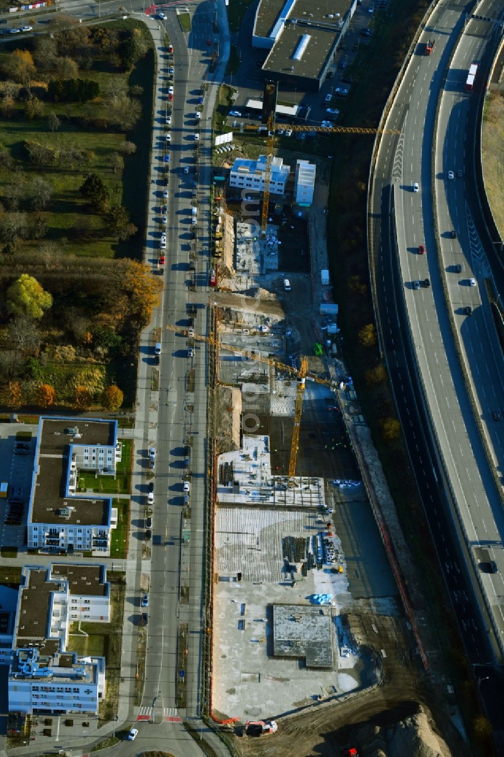 Aerial image Berlin - Construction site to build a new office and commercial building Brain Box Berlin in Berli-Adlershof, Germany