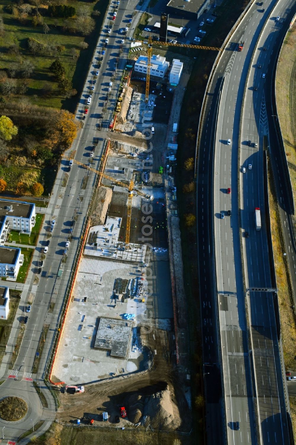 Berlin from above - Construction site to build a new office and commercial building Brain Box Berlin in Berli-Adlershof, Germany