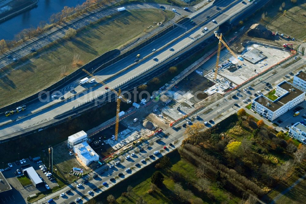 Berlin from above - Construction site to build a new office and commercial building Brain Box Berlin in Berli-Adlershof, Germany