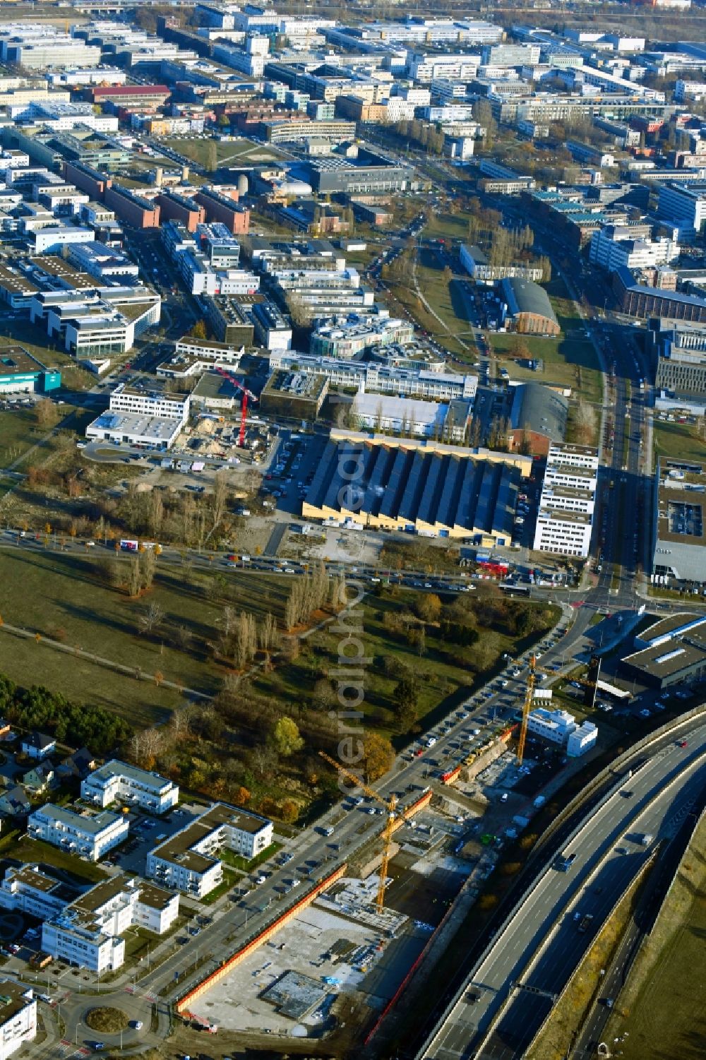 Berlin from above - Construction site to build a new office and commercial building Brain Box Berlin in Berli-Adlershof, Germany