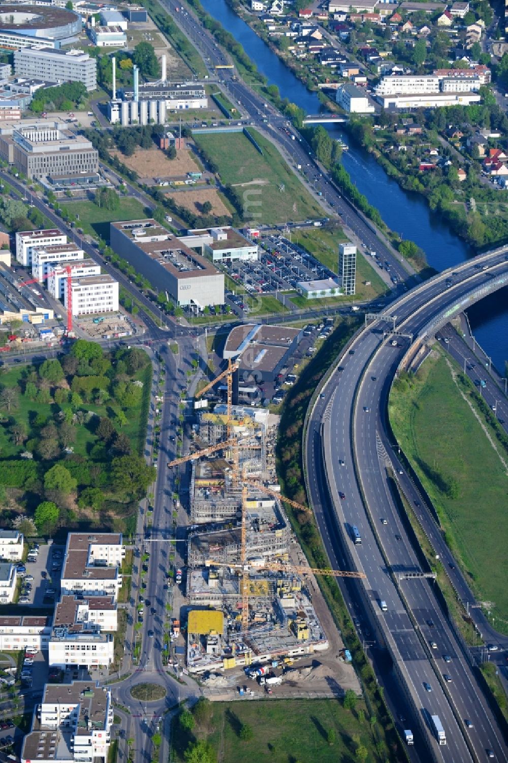 Aerial photograph Berlin - Construction site to build a new office and commercial building Brain Box Berlin in Berli-Adlershof, Germany