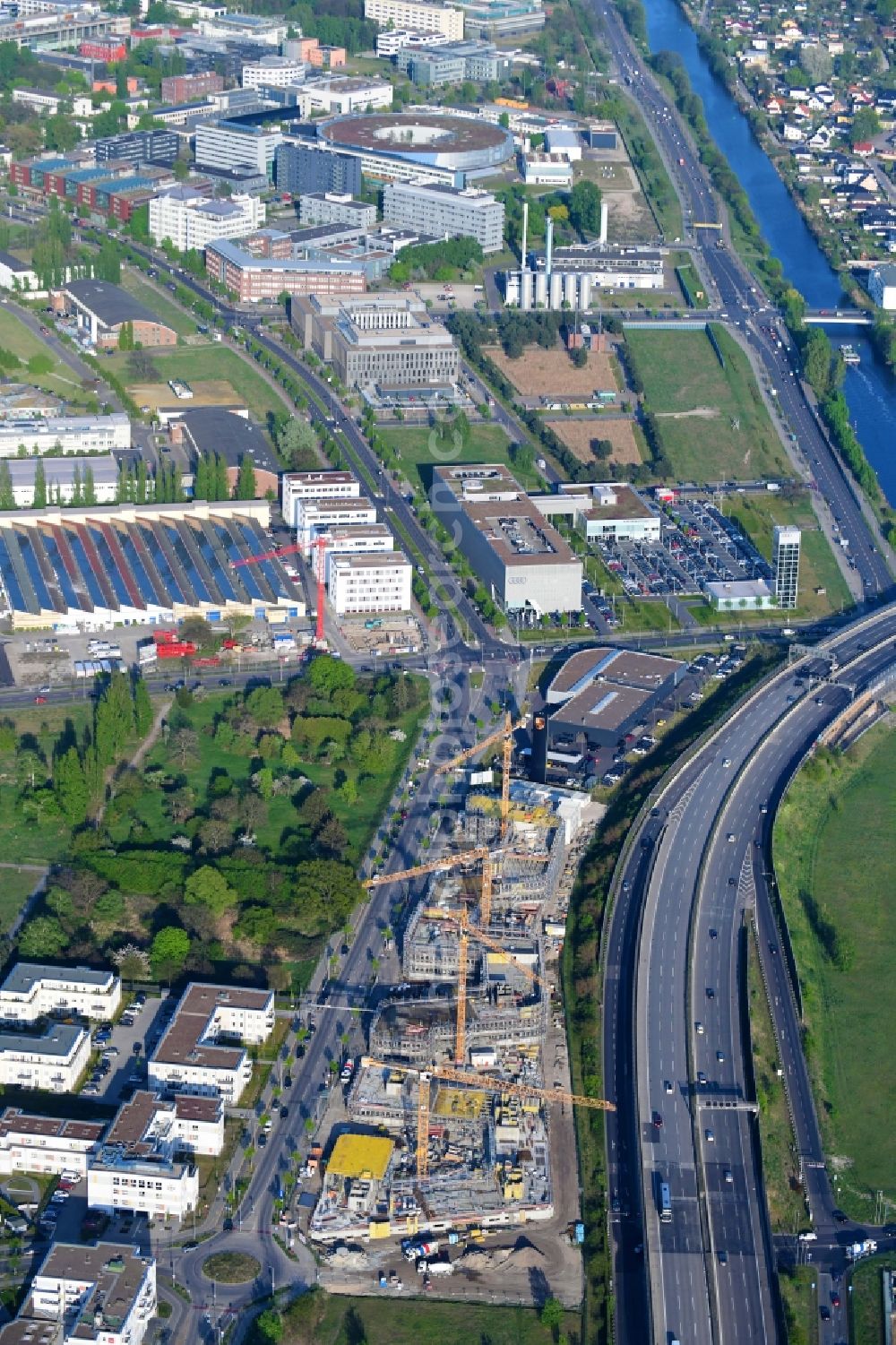 Berlin from the bird's eye view: Construction site to build a new office and commercial building Brain Box Berlin in Berli-Adlershof, Germany