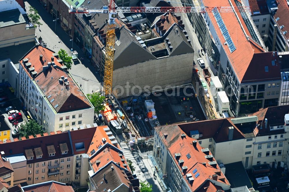 Nürnberg from the bird's eye view: Construction site to build a new office and commercial building in Breite Gasse in Nuremberg in the state Bavaria, Germany