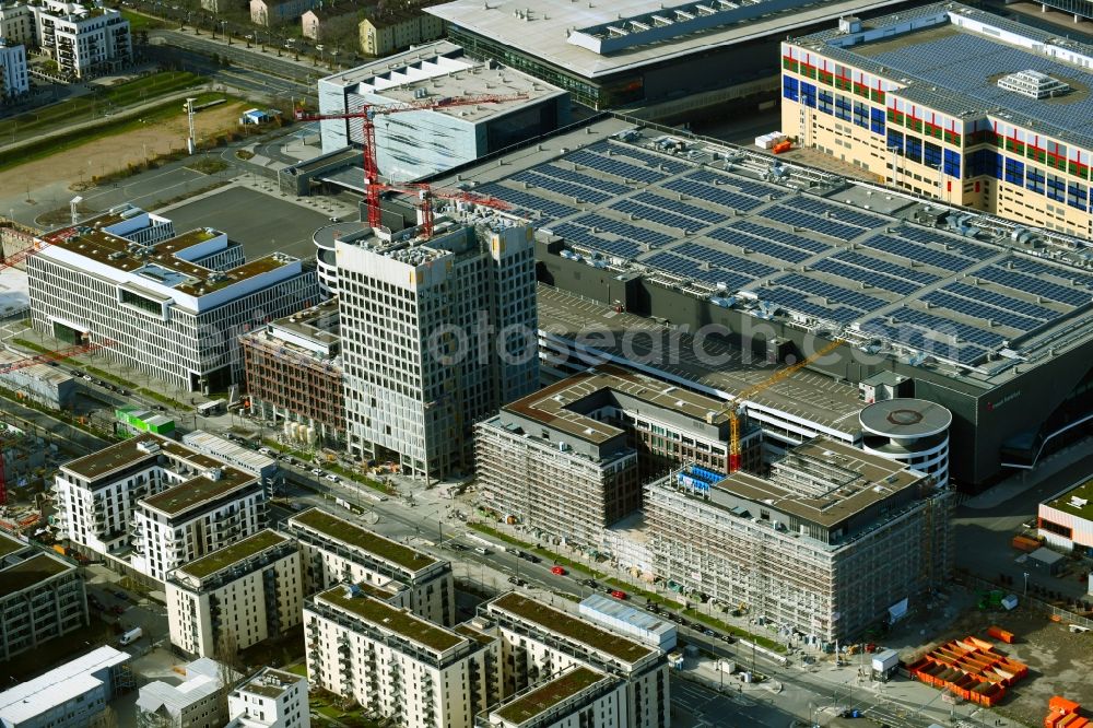 Frankfurt am Main from the bird's eye view: Construction site to build a new office and commercial building The Brick on Europa-Allee in the district Gallus in Frankfurt in the state Hesse, Germany