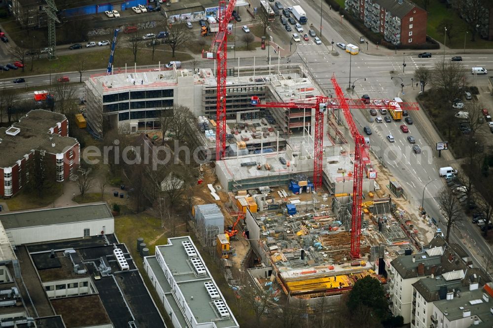 Aerial image Hamburg - Construction site to build a new office and commercial building on the office campus Die Fuhle at Hebebrandstrasse and the corner of Fuhlsbuettler Strasse in the Barmbek district of Hamburg, Germany