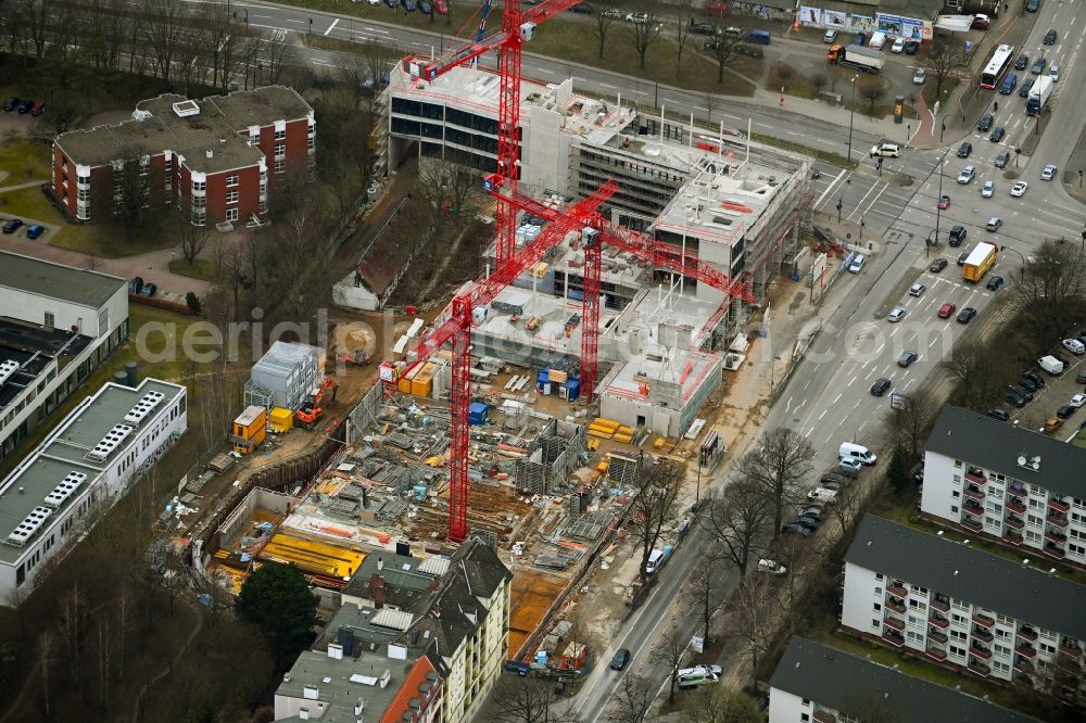 Aerial photograph Hamburg - Construction site to build a new office and commercial building on the office campus Die Fuhle at Hebebrandstrasse and the corner of Fuhlsbuettler Strasse in the Barmbek district of Hamburg, Germany