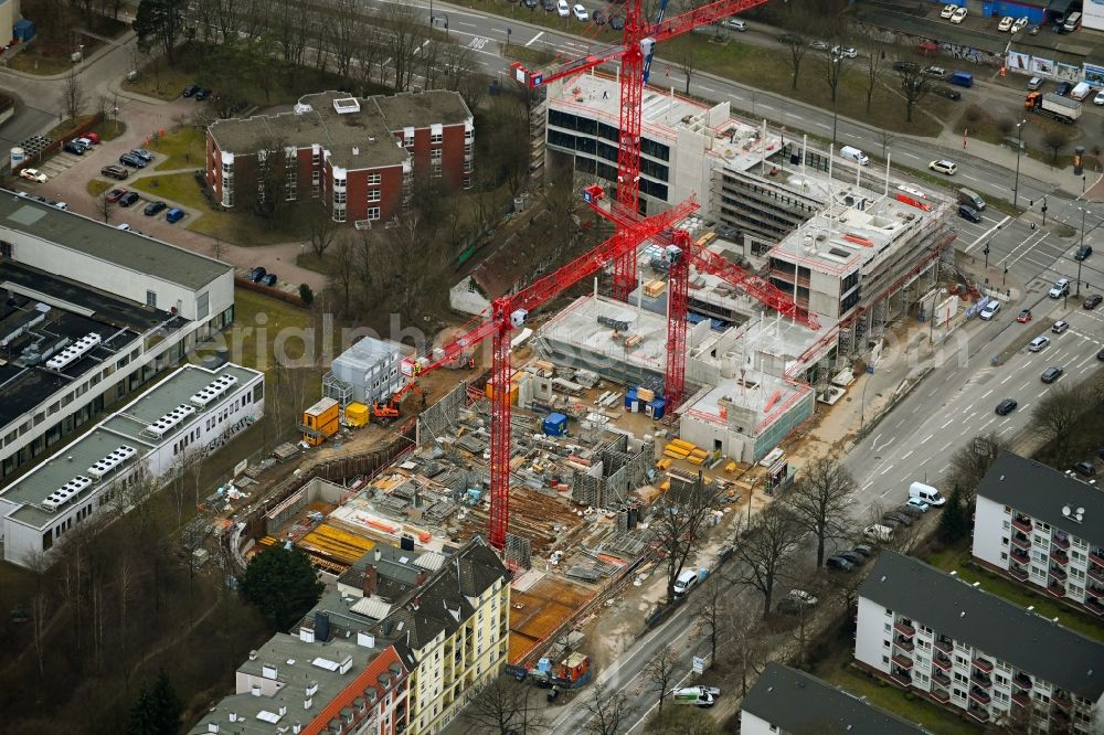 Hamburg from above - Construction site to build a new office and commercial building on the office campus Die Fuhle at Hebebrandstrasse and the corner of Fuhlsbuettler Strasse in the Barmbek district of Hamburg, Germany