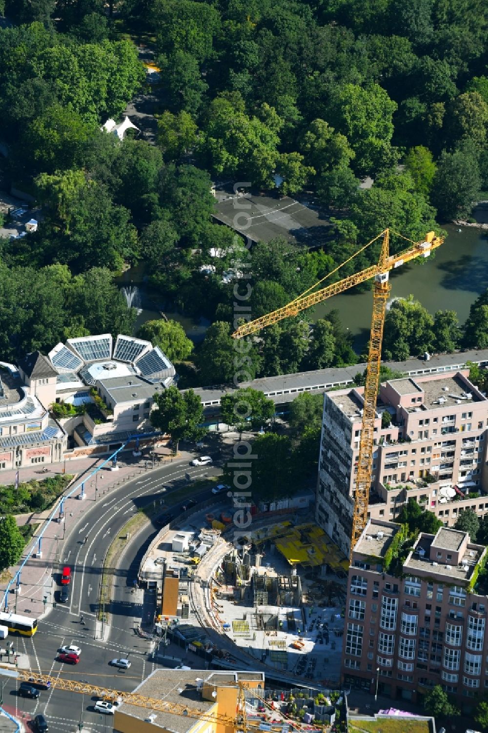 Berlin from above - Construction site to build a new office and commercial building on Budapester Strasse corner Kurfuerstenstrasse in the district Tiergarten in Berlin, Germany