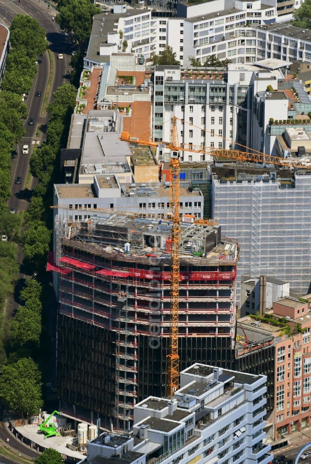 Berlin from above - Construction site to build a new office and commercial building on Budapester Strasse corner Kurfuerstenstrasse in the district Tiergarten in Berlin, Germany