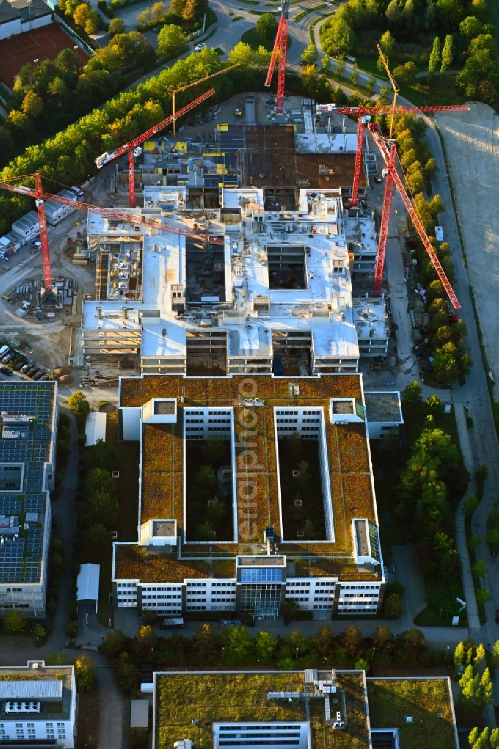 Aschheim from above - Construction site to build a new office and commercial building Campus One on Erdinger Landstrasse - Einsteinring in the district Dornach in Aschheim in the state Bavaria, Germany