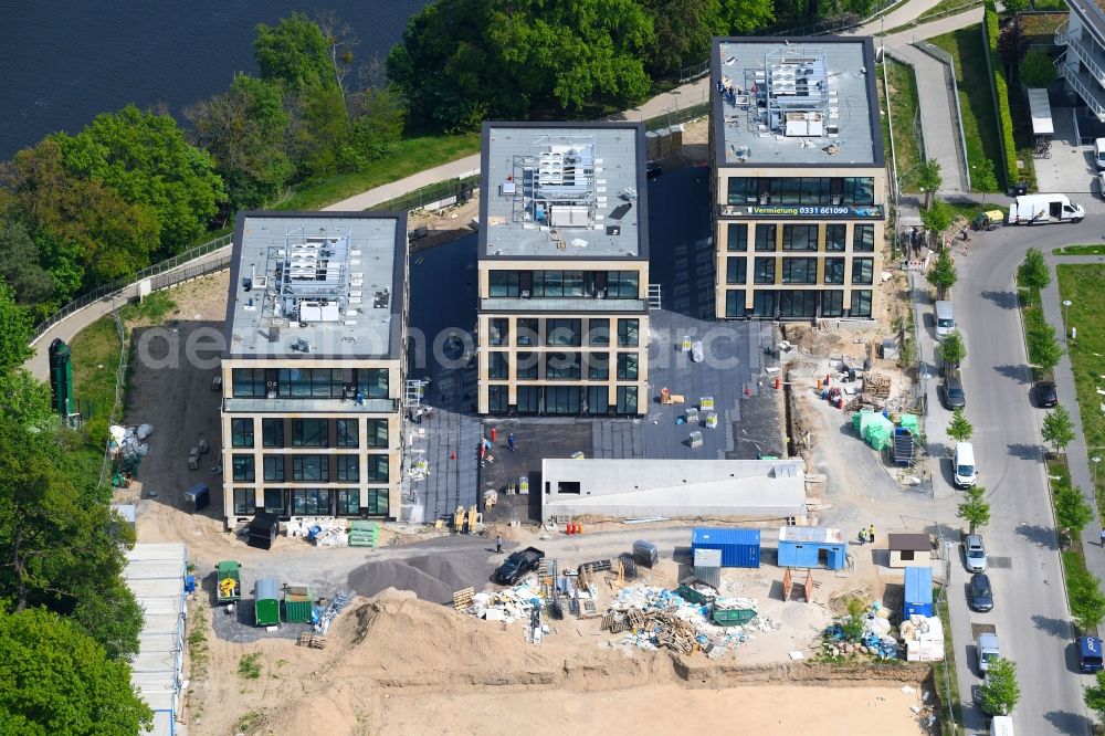 Aerial image Potsdam - Construction site to build a new office and commercial building CubeA? | THINK CAMPUS of Jungfernsee Baumanagement GmbH in Potsdam in the state Brandenburg, Germany