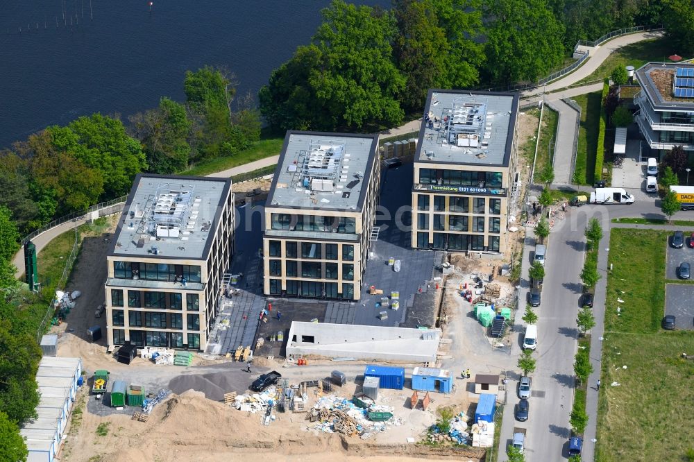 Aerial photograph Potsdam - Construction site to build a new office and commercial building CubeA? | THINK CAMPUS of Jungfernsee Baumanagement GmbH in Potsdam in the state Brandenburg, Germany