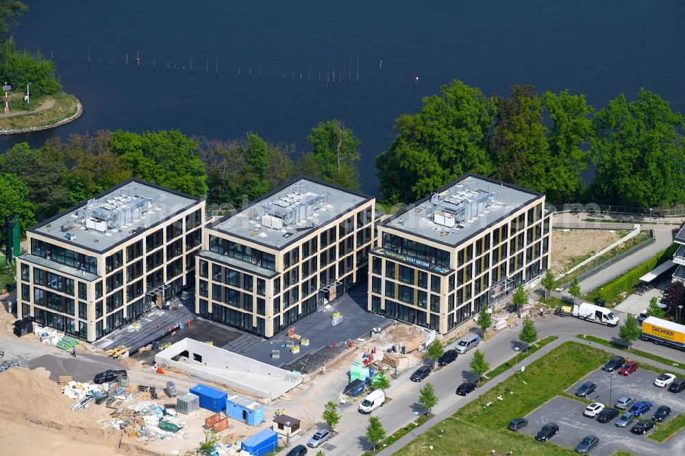 Potsdam from above - Construction site to build a new office and commercial building CubeA? | THINK CAMPUS of Jungfernsee Baumanagement GmbH in Potsdam in the state Brandenburg, Germany