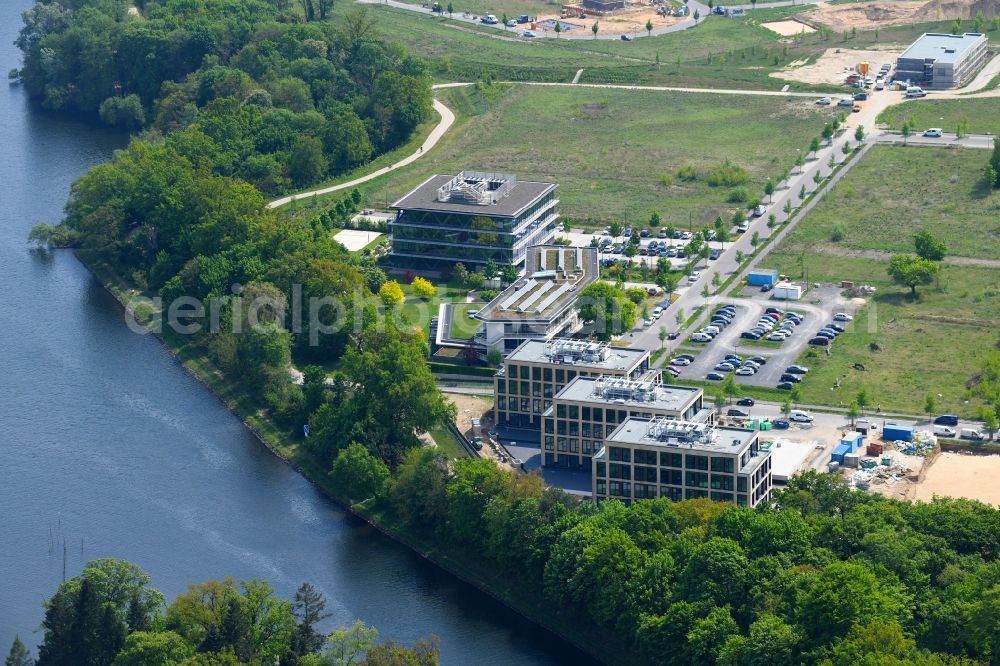 Aerial image Potsdam - Construction site to build a new office and commercial building CubeA? | THINK CAMPUS of Jungfernsee Baumanagement GmbH in Potsdam in the state Brandenburg, Germany