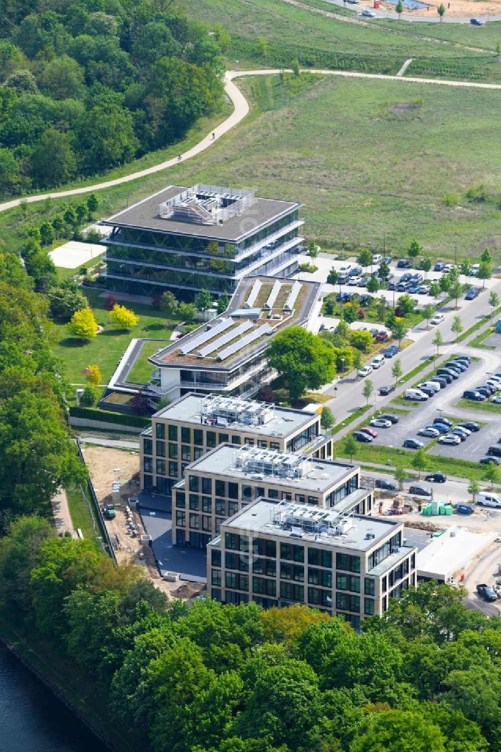 Aerial photograph Potsdam - Construction site to build a new office and commercial building CubeA? | THINK CAMPUS of Jungfernsee Baumanagement GmbH in Potsdam in the state Brandenburg, Germany