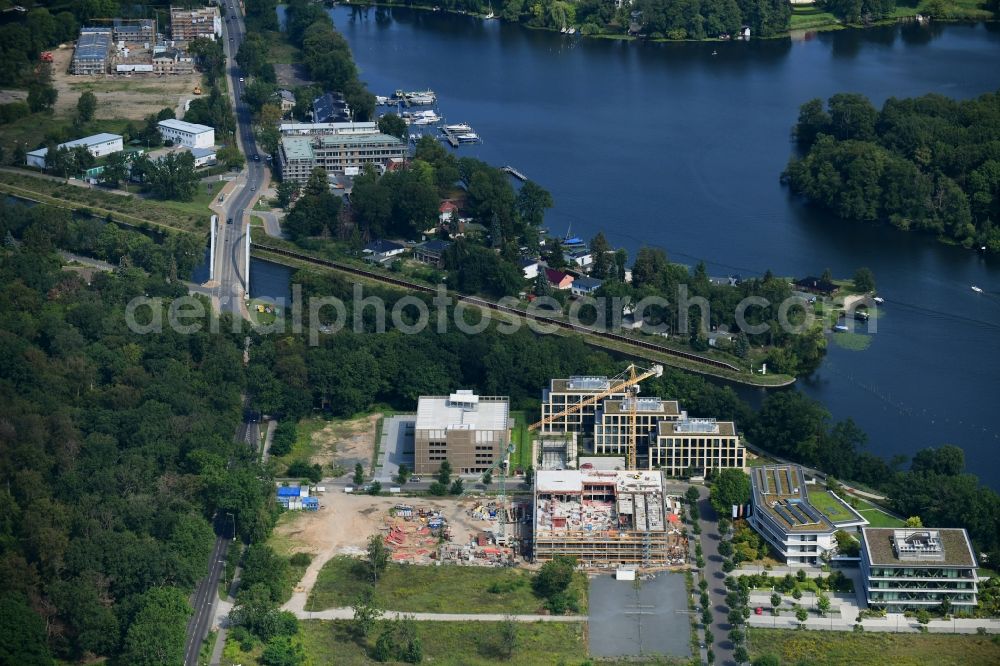 Potsdam from the bird's eye view: Construction site to build a new office and commercial building Cube3 | THINK CAMPUS of Jungfernsee Baumanagement GmbH in Potsdam in the state Brandenburg, Germany