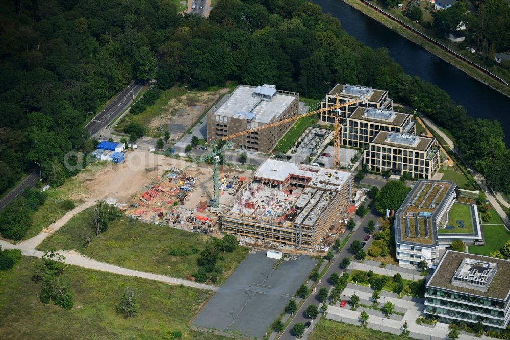 Aerial photograph Potsdam - Construction site to build a new office and commercial building Cube3 | THINK CAMPUS of Jungfernsee Baumanagement GmbH in Potsdam in the state Brandenburg, Germany