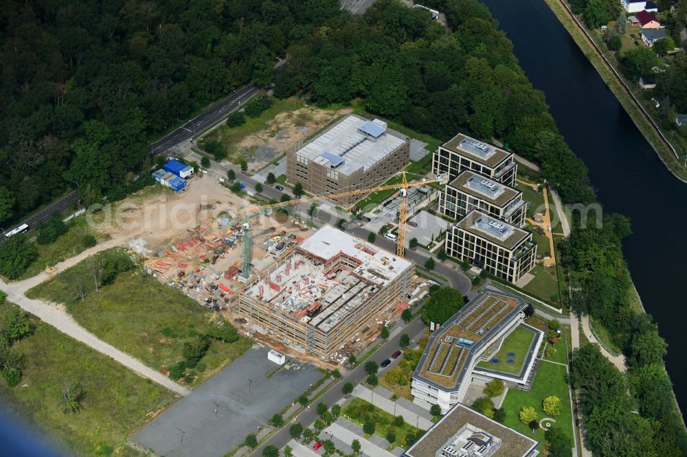 Aerial image Potsdam - Construction site to build a new office and commercial building Cube3 | THINK CAMPUS of Jungfernsee Baumanagement GmbH in Potsdam in the state Brandenburg, Germany