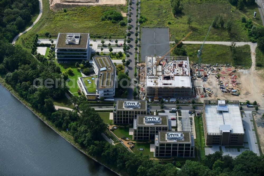 Aerial photograph Potsdam - Construction site to build a new office and commercial building Cube3 | THINK CAMPUS of Jungfernsee Baumanagement GmbH in Potsdam in the state Brandenburg, Germany