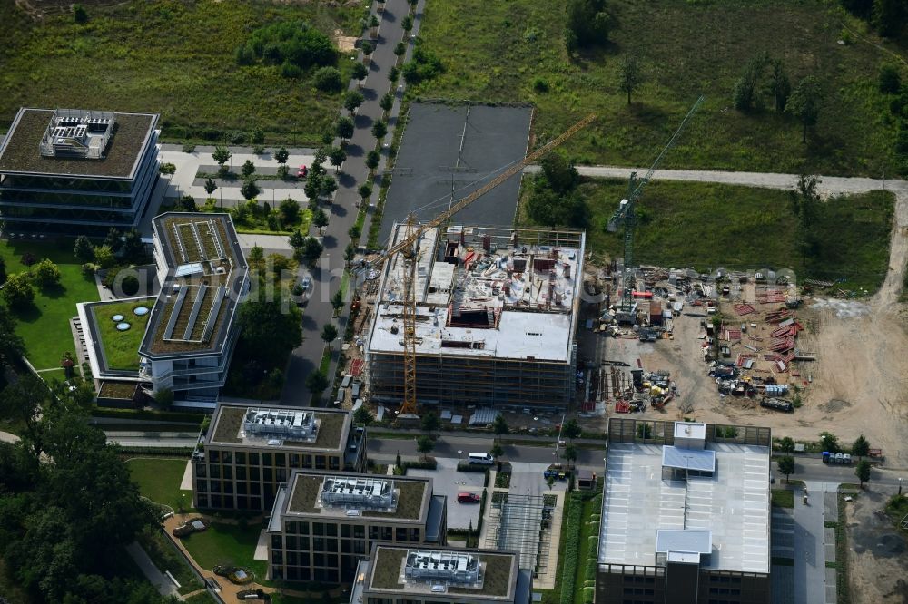 Potsdam from the bird's eye view: Construction site to build a new office and commercial building Cube3 | THINK CAMPUS of Jungfernsee Baumanagement GmbH in Potsdam in the state Brandenburg, Germany