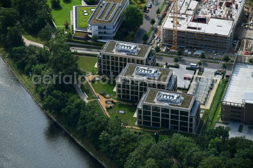 Aerial photograph Potsdam - Construction site to build a new office and commercial building Cube3 | THINK CAMPUS of Jungfernsee Baumanagement GmbH in Potsdam in the state Brandenburg, Germany