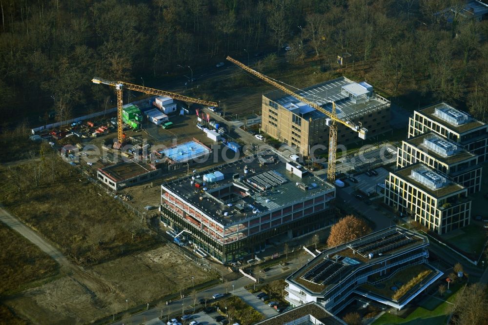 Potsdam from the bird's eye view: Construction site to build a new office and commercial building Cube3 | THINK CAMPUS of Jungfernsee Baumanagement GmbH in Potsdam in the state Brandenburg, Germany