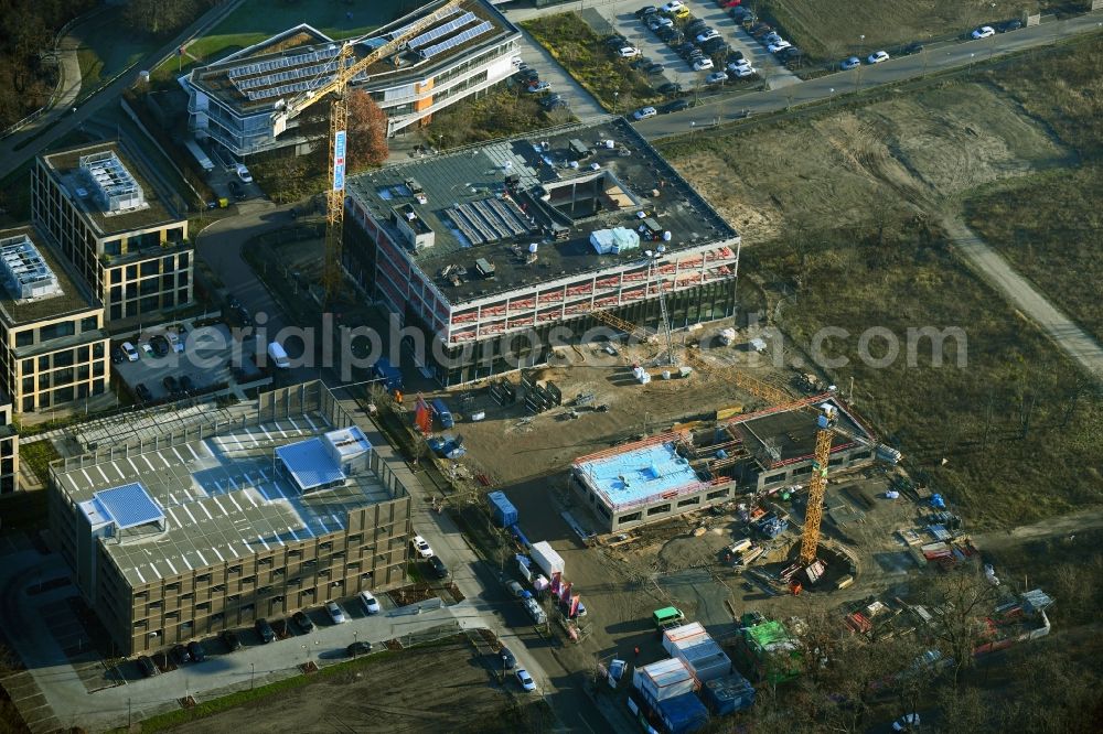 Potsdam from the bird's eye view: Construction site to build a new office and commercial building Cube3 | THINK CAMPUS of Jungfernsee Baumanagement GmbH in Potsdam in the state Brandenburg, Germany